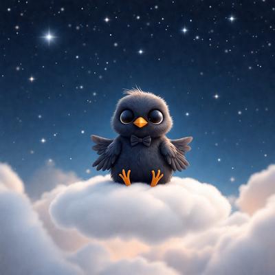 The primary subject of the image is a small bird sitting on a cloud. The bird is perched on a cloud, which is floating in the sky. The setting is a night sky, with the bird sitting on a cloud and the sky filled with stars. The visual style of the image is a digital art or illustration, creating a whimsical and imaginative scene. The colors and mood of the image are predominantly dark and moody, with the bird and the cloud being the main focus of the scene.
